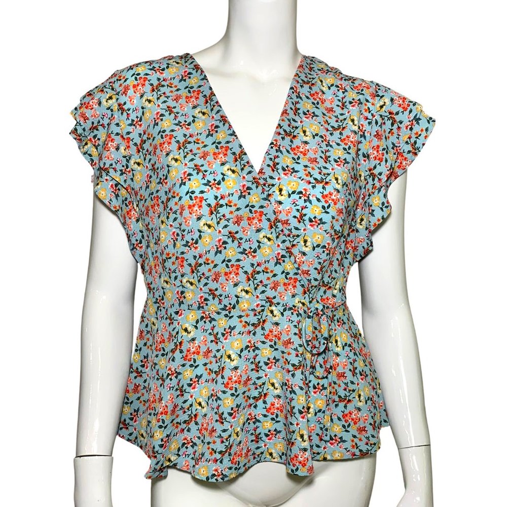 Blue Floral Print Peplum Short Sleeve Blouse